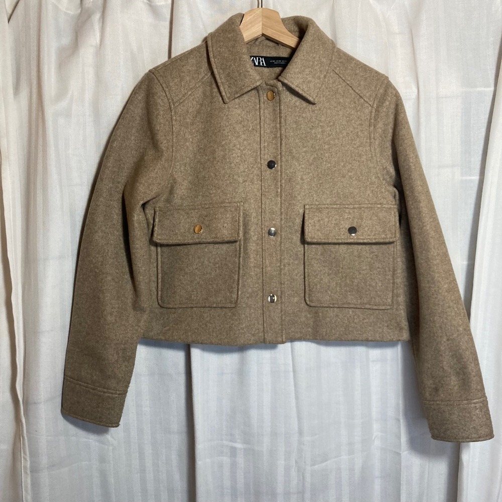 ZARA Cropped Wool Blend Jacket Camel Tan Button Front Utility Pockets XS‎ Casual